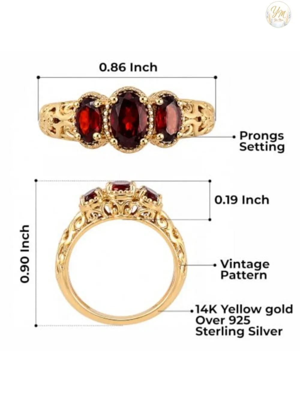 3 Stone Garnet Ring Sterling Silver 14K Gold Plated January Birthstone Size 6
